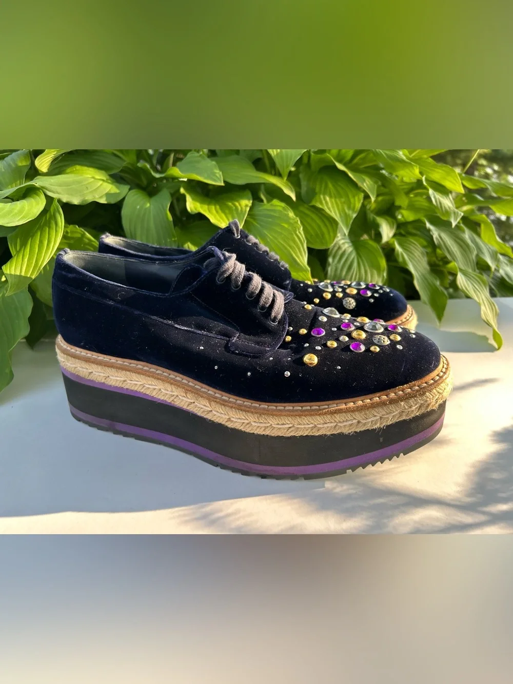 PRADA Velvet Platform Oxford Espadrille Embellished Crystals Shoes Size 40